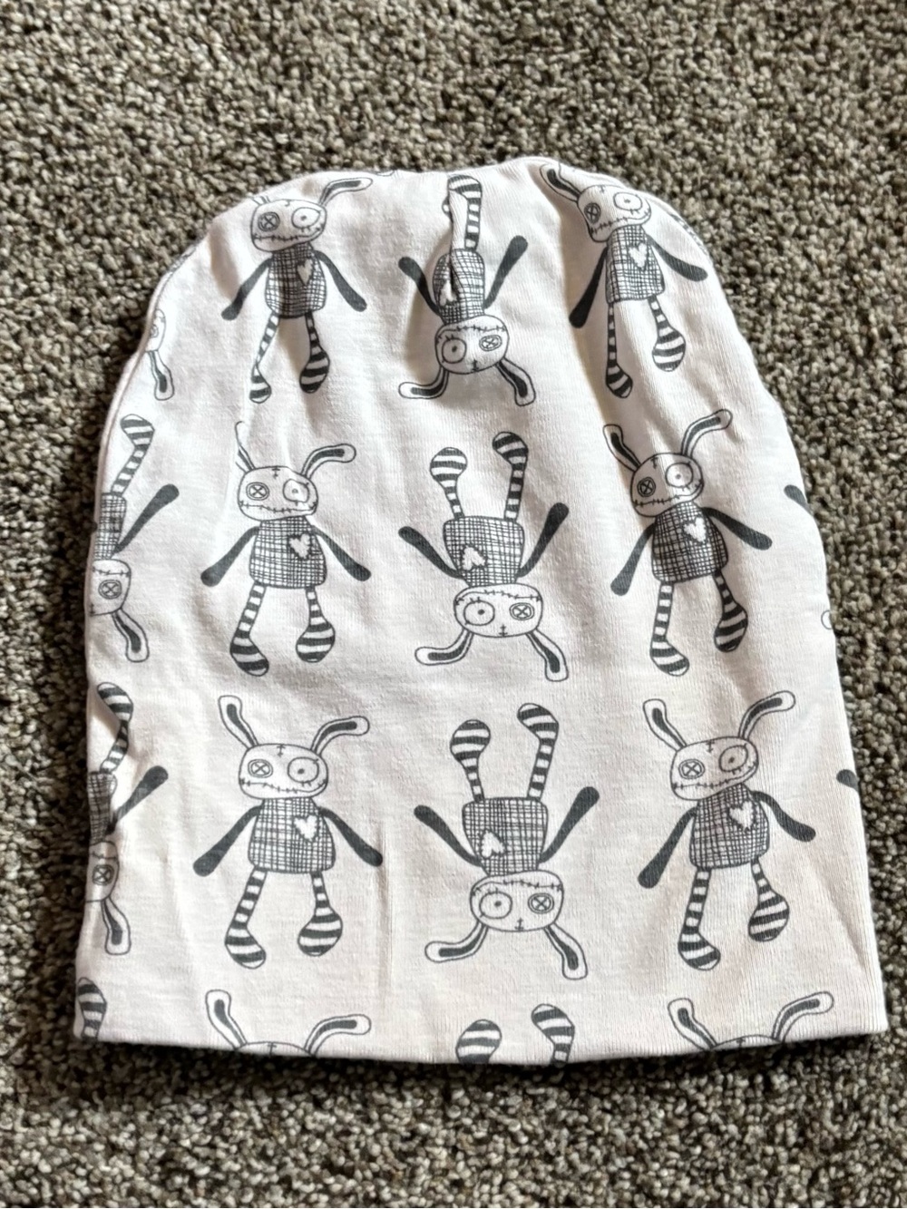 Kids Cotton Beanie Hat with Grey Bunny Print - White/Grey